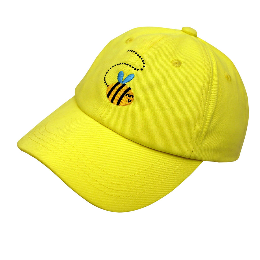 Yellow cotton baseball cap with a black and yellow bee embroidered on the front. The cap has an adjustable strap in the back.