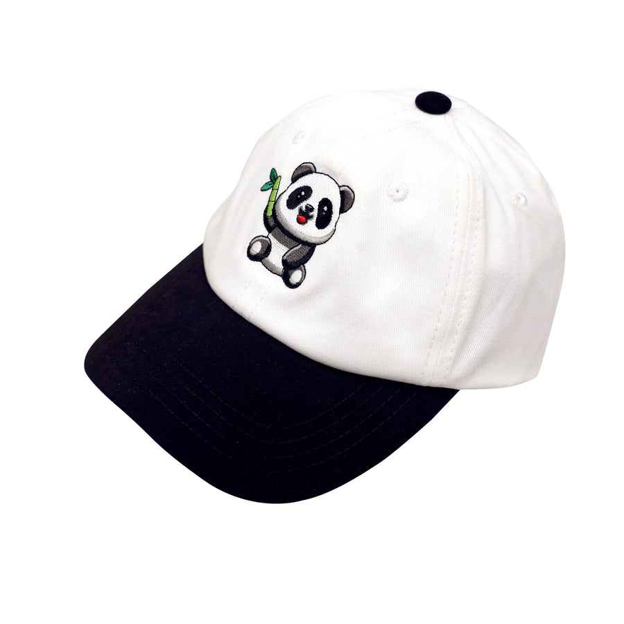 White cotton baseball cap with a black and white panda embroidered on the front. The cap has an adjustable strap in the back.