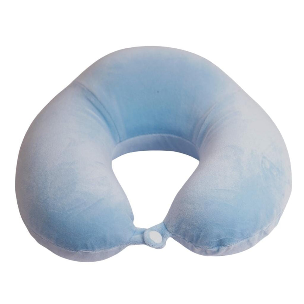 Blue U-shaped neck pillow with a plush memory foam filling and a removable cover made from soft, breathable fabric. 100% polyester.