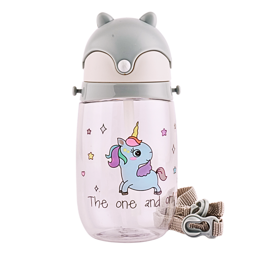 plastic sipper bottle with cute unicorn print.
