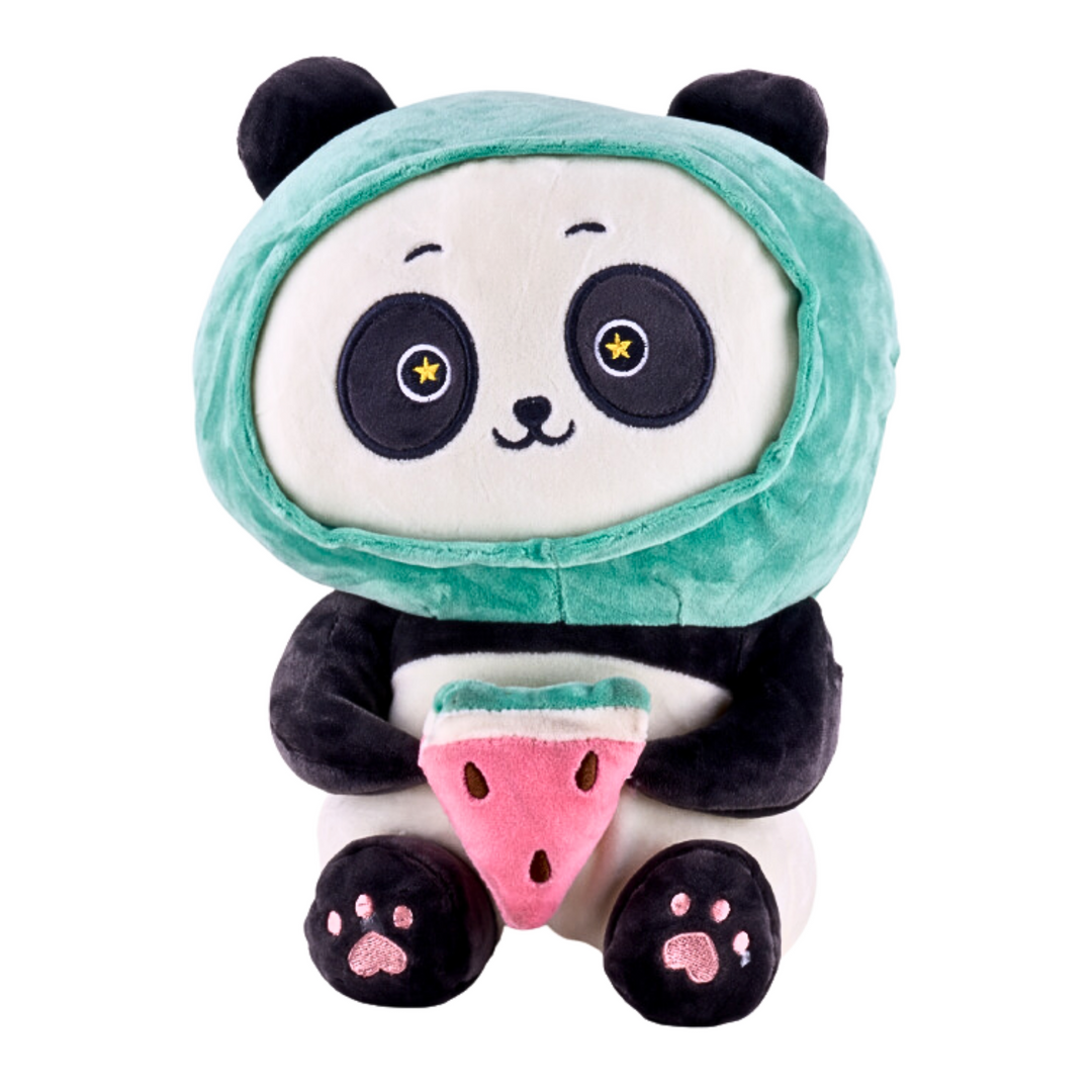 cute panda plushie holding a watermelon slice soft toy