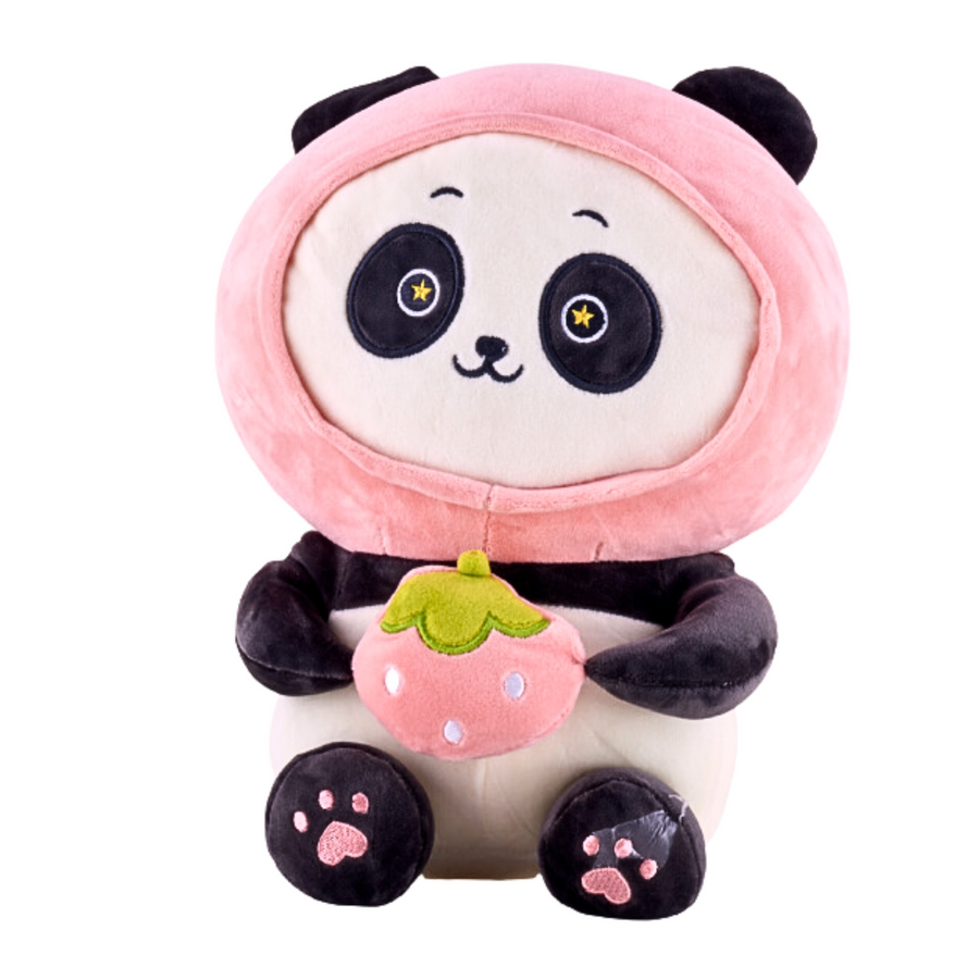 cute panda holding a strawberry plushie from candy floss