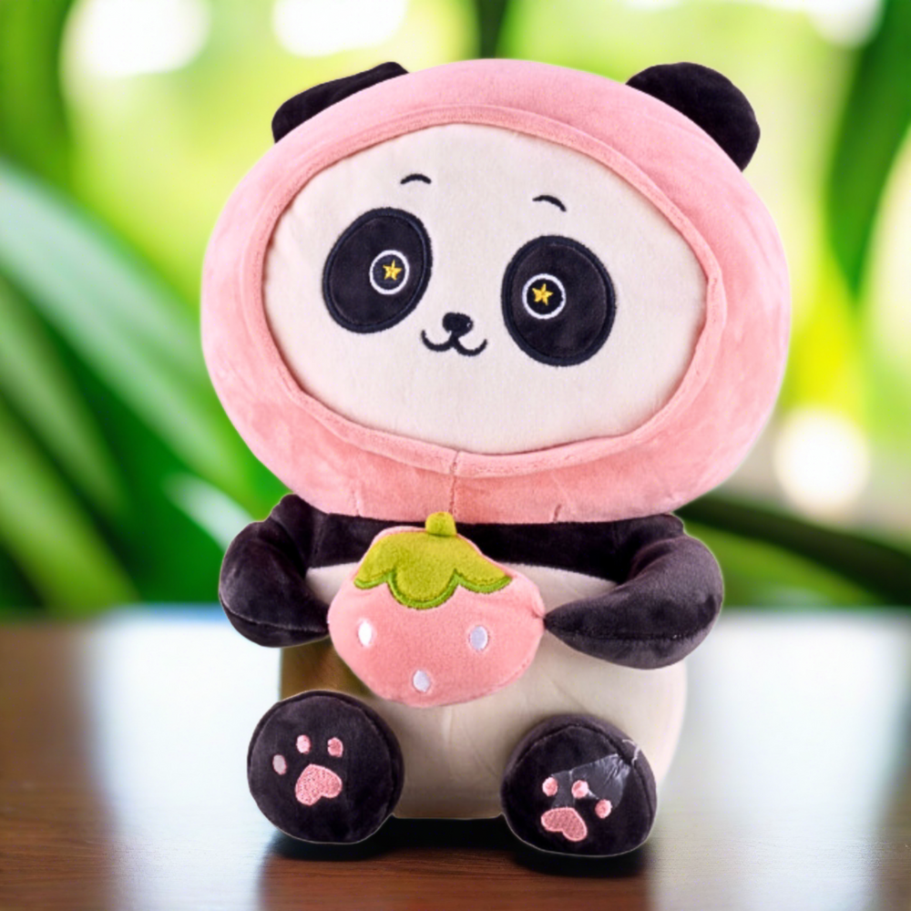 cute panda holding a strawberry plushie from candy floss