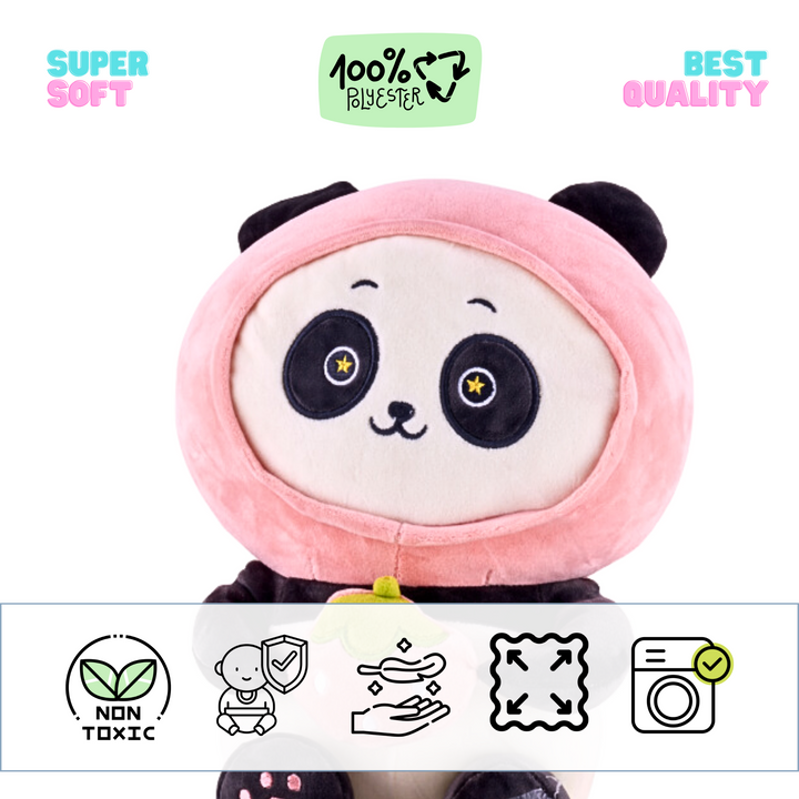 non toxic safe for children, soft touchcute panda holding a strawberry plushie from candy floss