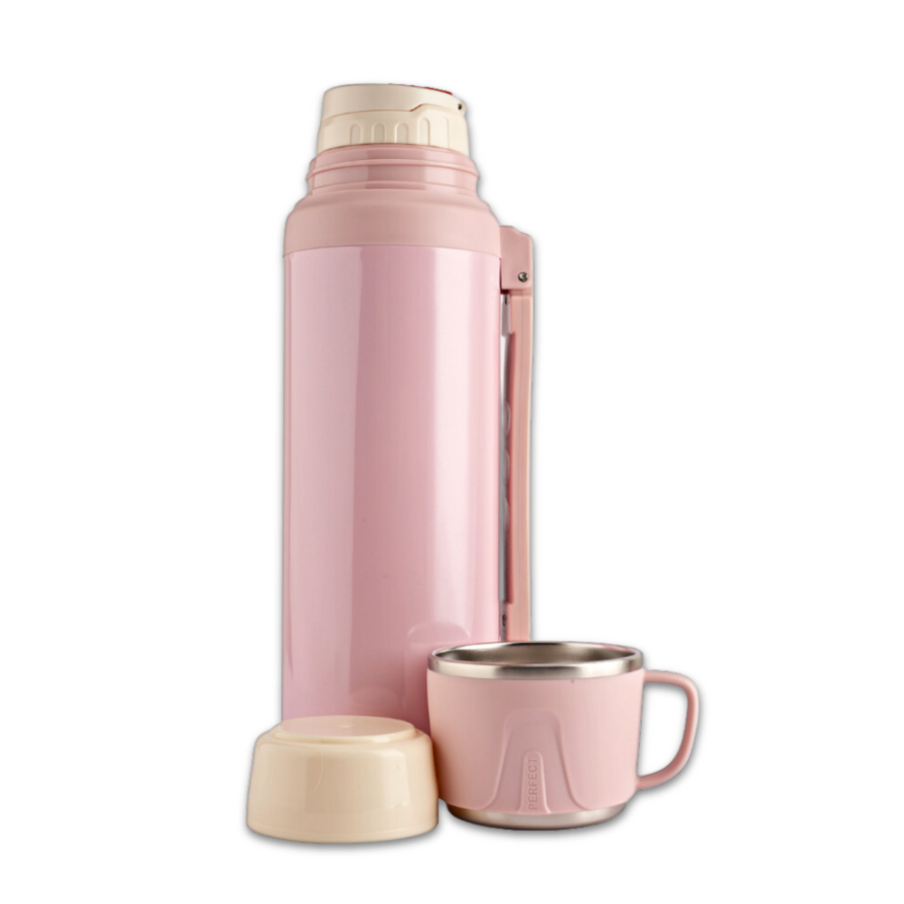 Refillable stainless steel insulated pink bottle with a gold rim, leakproof lid. Perfect for travel. 2000ml capacity.