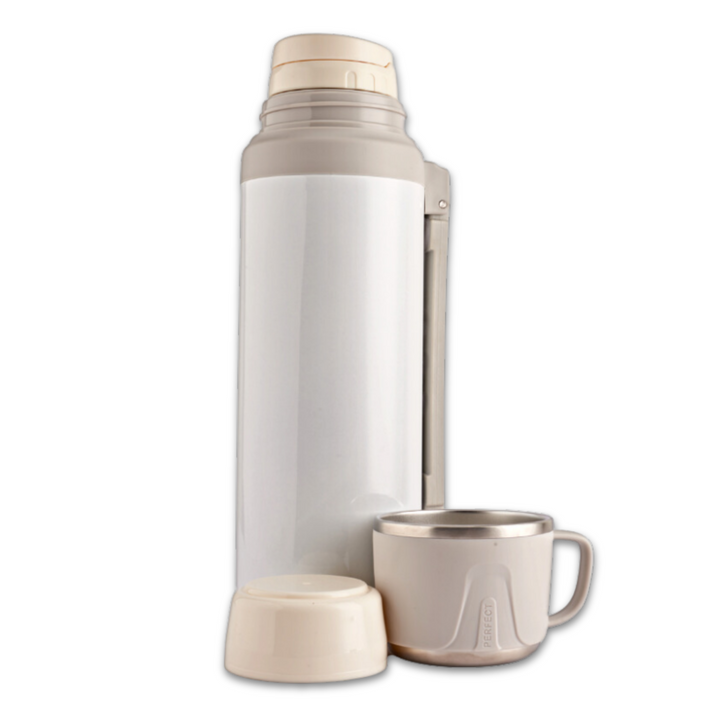 Refillable stainless steel insulated grey bottle with a gold rim, leakproof lid. Perfect for travel. 2000ml capacity.