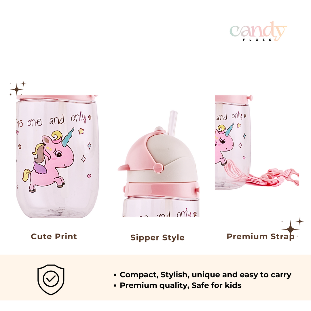 cute sipper bottles with cute prints and premium strap from candy floss