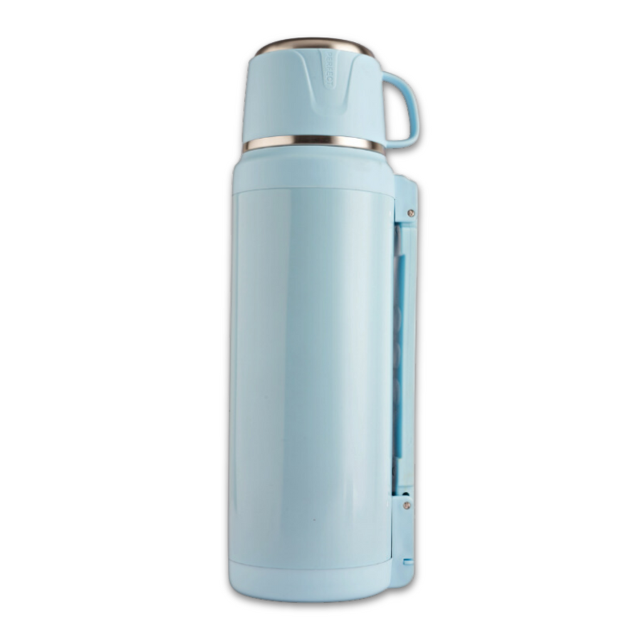 Refillable stainless steel blue insulated bottle with a gold rim, leakproof lid. Perfect for travel. 2000ml capacity.
