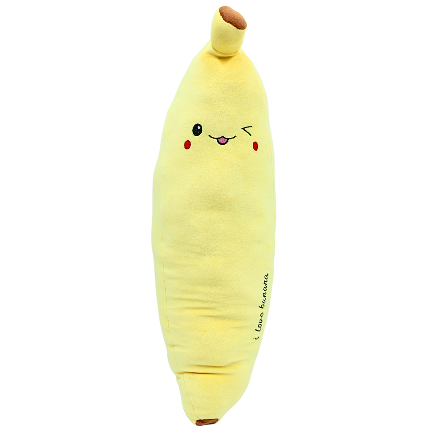 A bright yellow plush toy winking banana with a big smile and stitched eyes.