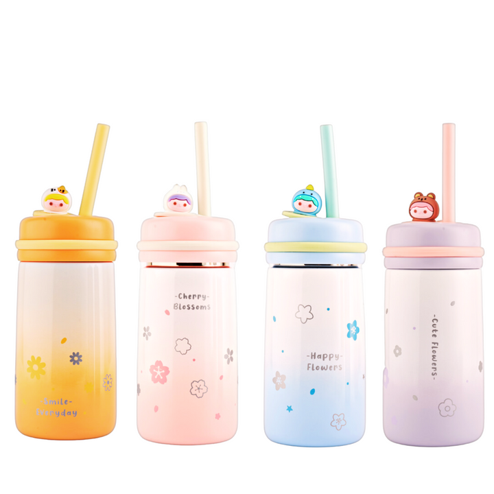  Refillable stainless steel insulated bottle with a leakproof lid and a built-in straw. Pastel floral design. Perfect for travel. 350ml capacity.
