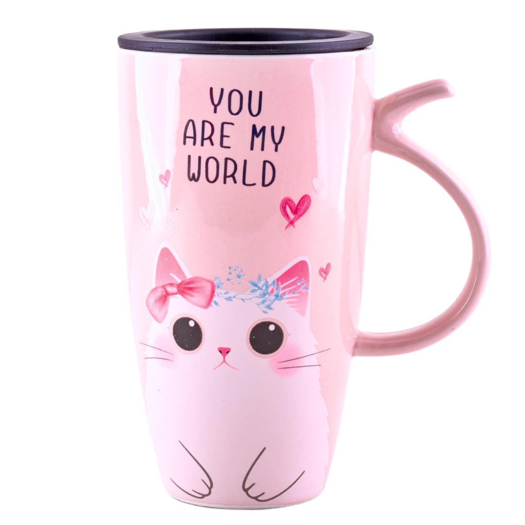 a tall pink ceramic mug with a leakproof silicone lid and cute cat print and you are my world written on it.
