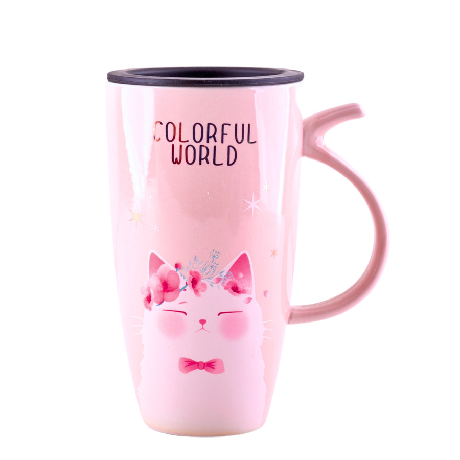 a tall pink ceramic mug with a leakproof silicone lid and cute cat print and colorful world written on it.