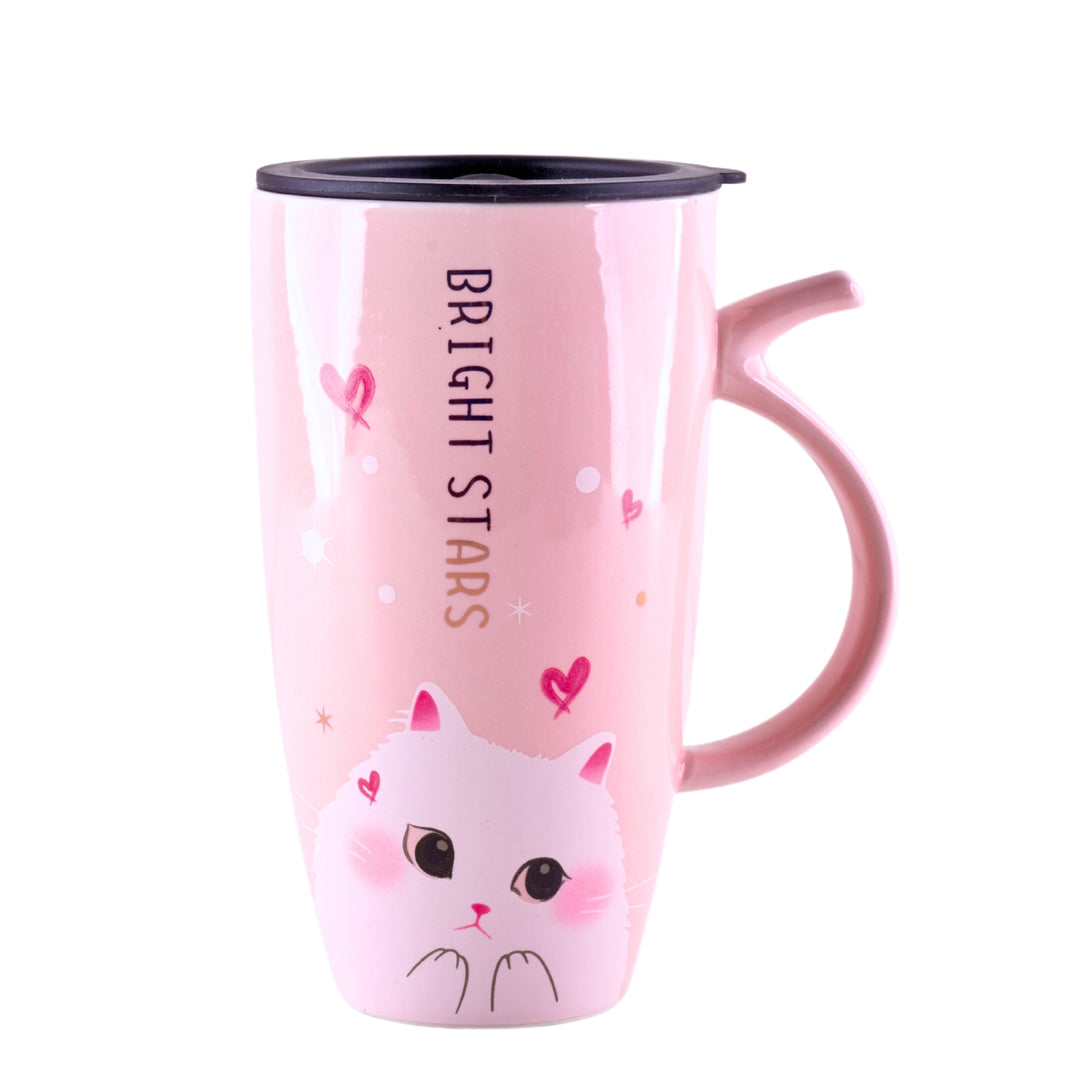 a tall pink ceramic mug with a leakproof silicone lid and cute cat print and bright stars written on it.