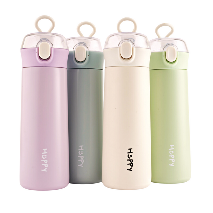 Refillable pastel colored stainless steel insulated flask with a push-button lid. Perfect for travel. 