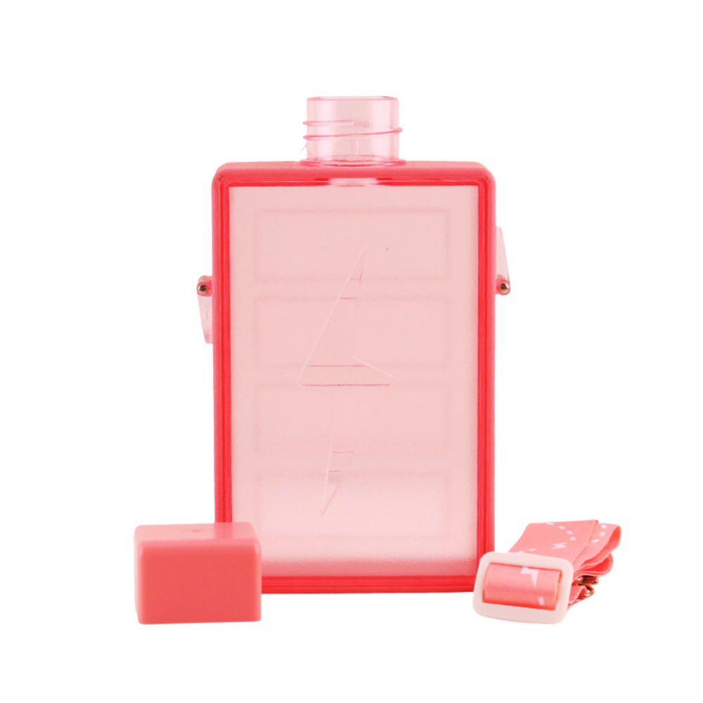 A rectangular clear plastic water bottle in a bright pastel color with a white lid and a detachable white strap. Pink