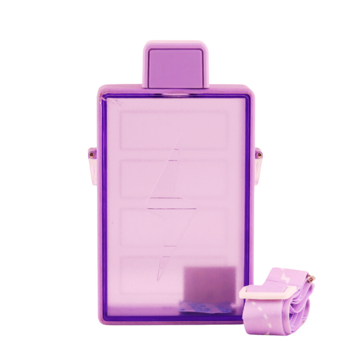 A rectangular clear plastic water bottle in a bright pastel color with a white lid and a detachable white strap. Purple