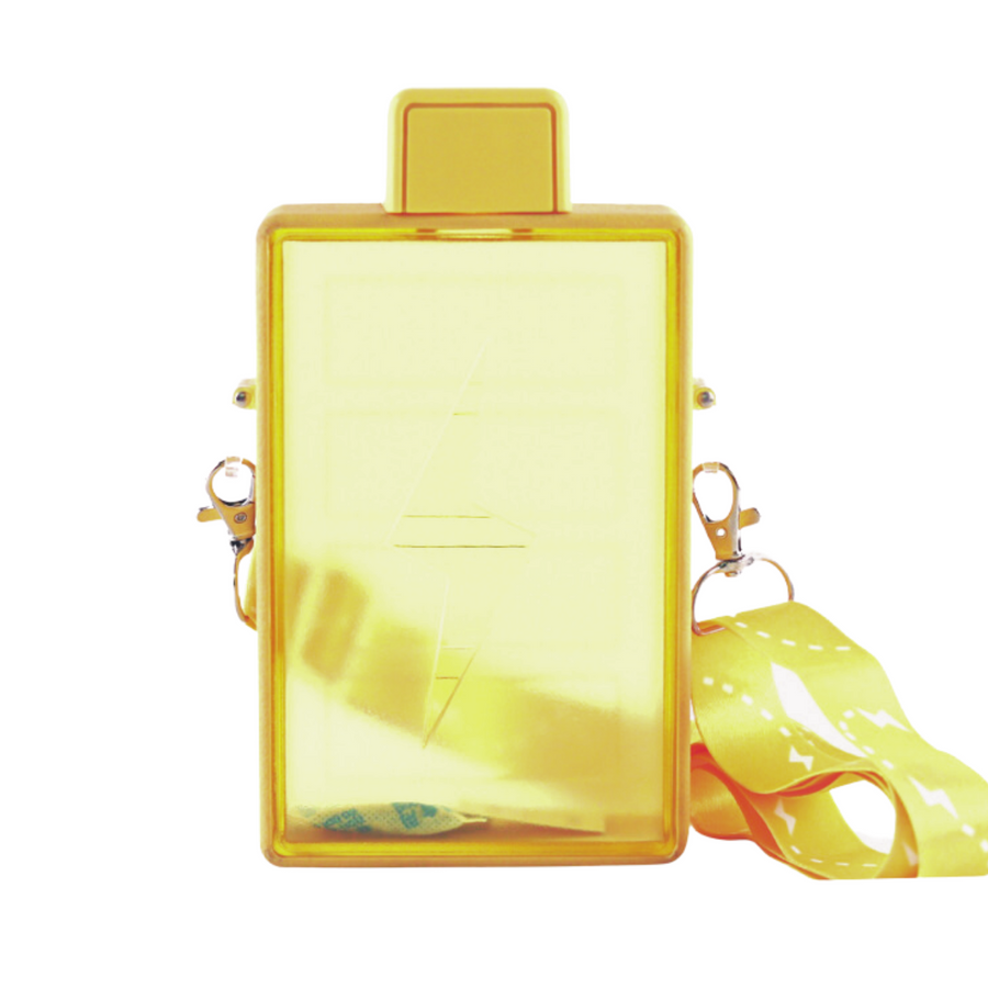 A rectangular clear plastic water bottle in a bright pastel color with a white lid and a detachable white strap. Yellow