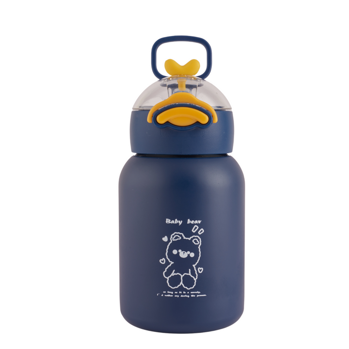 Refillable stainless steel insulated bottle with a leakproof lid featuring a cute duck face design. Perfect for travel. 400ml capacity. Blue Bottle.