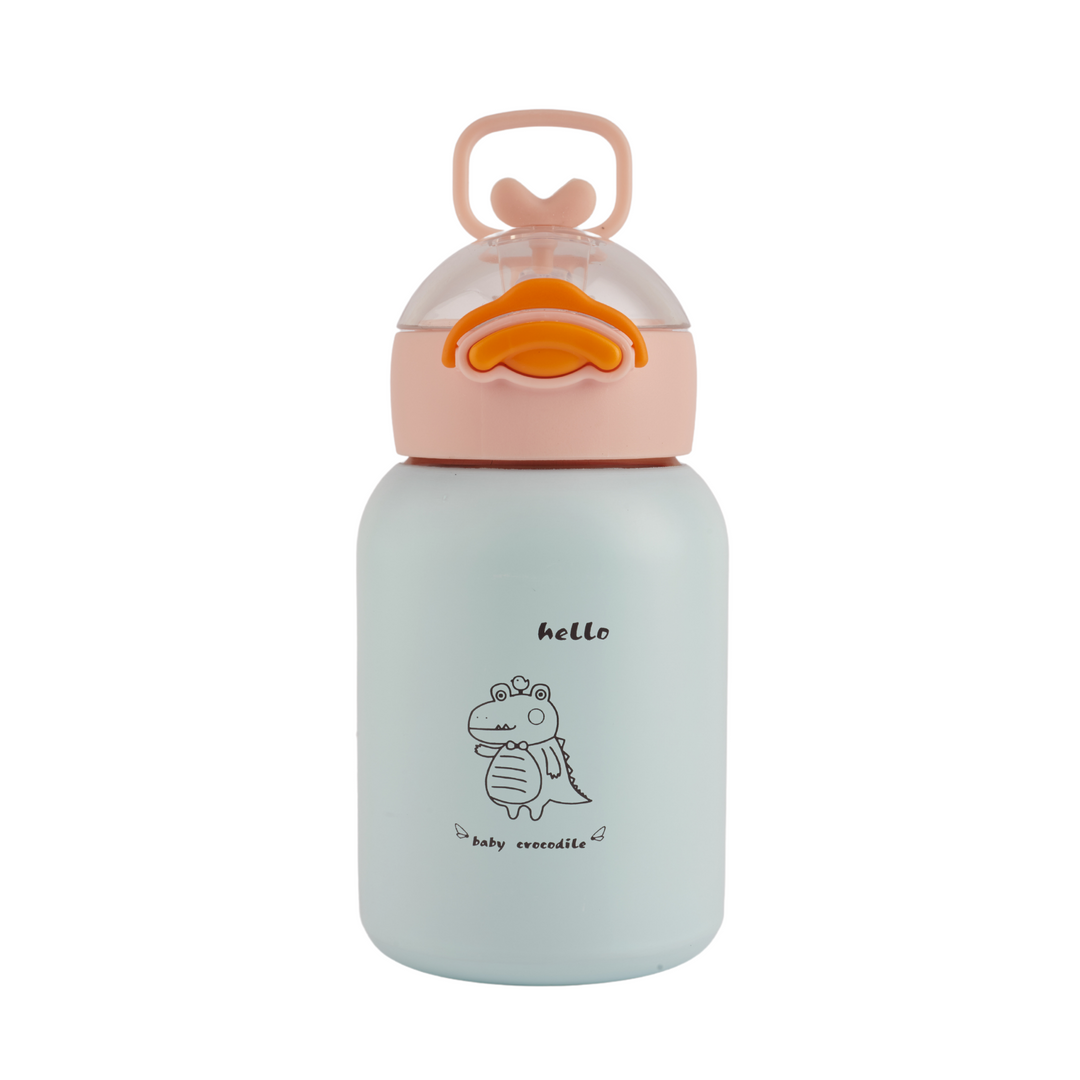 Refillable stainless steel insulated bottle with a leakproof lid featuring a cute duck face design. Perfect for travel. 400ml capacity. Blue color