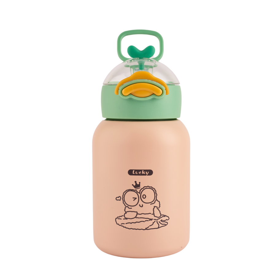 Refillable stainless steel insulated bottle with a leakproof lid featuring a cute duck face design. Perfect for travel. 400ml capacity. Peach bottle green lid.