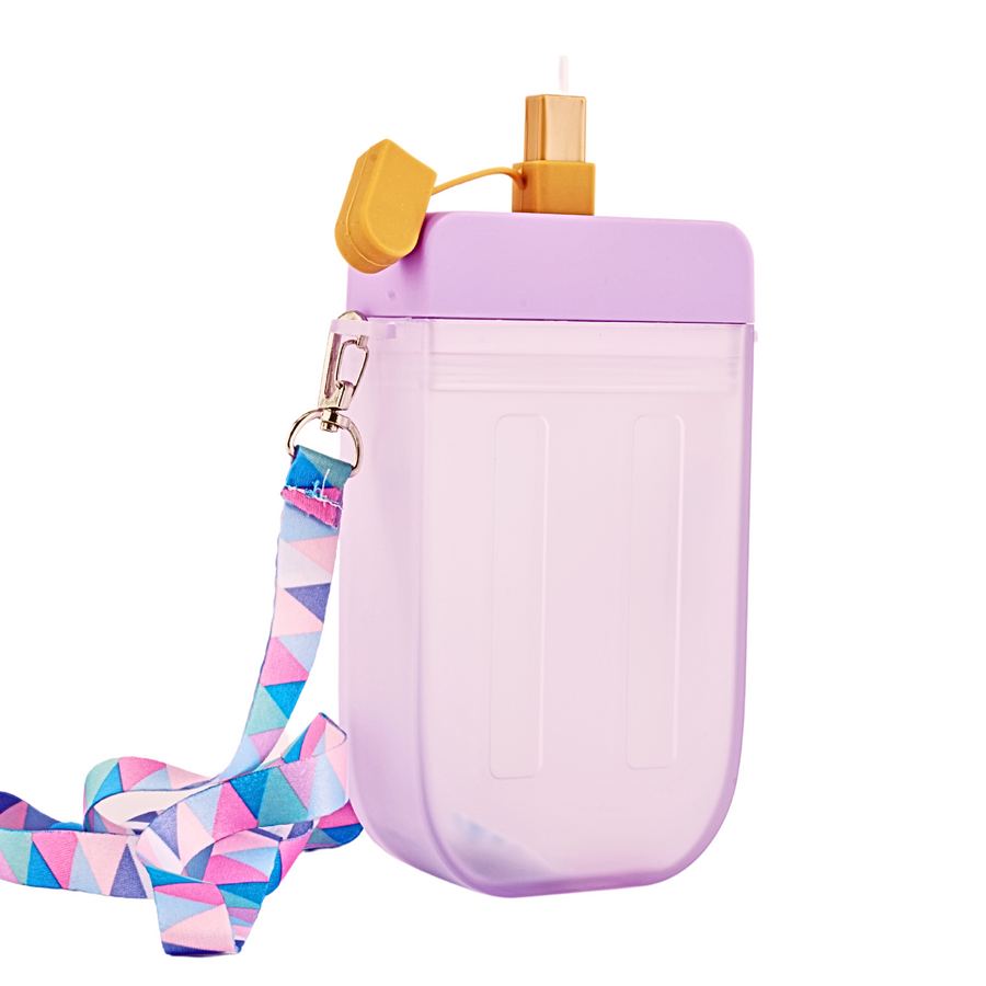 Candy-shaped reusable water bottle with straw. Made from food-grade silicone, BPA-free, and leak-proof.  Available in a variety of trendy colors. Perfect for travel and everyday use.