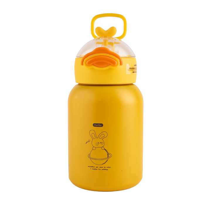 Refillable stainless steel insulated bottle with a leakproof lid featuring a cute duck face design. Perfect for travel. 400ml capacity. Yellow Bottle.