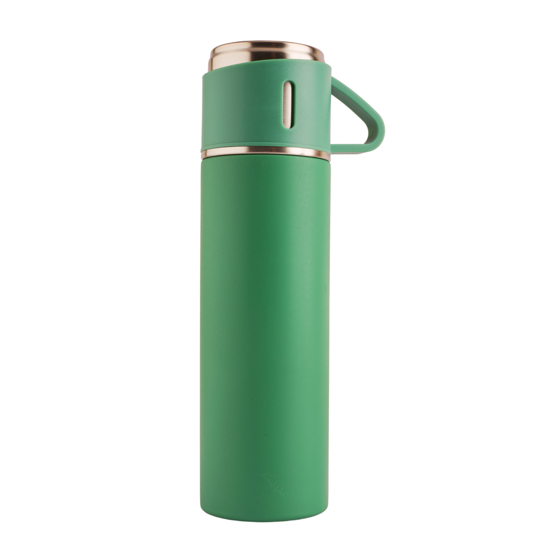  Refillable stainless steel insulated tea flask with a leakproof lid that doubles as a cup. Perfect for travel. 500ml capacity. Available in Green.