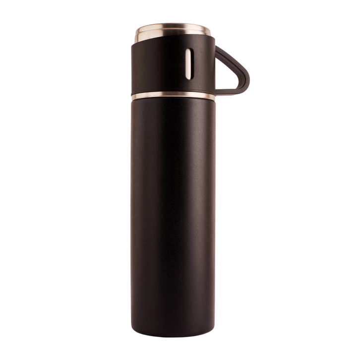  Refillable stainless steel insulated tea flask with a leakproof lid that doubles as a cup. Perfect for travel. 500ml capacity. Available in black colour.