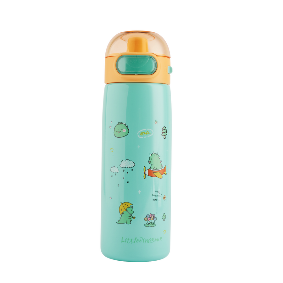 Refillable stainless steel insulated bottle with a leakproof lid featuring a cute animal print design. Perfect for travel. 410ml capacity.