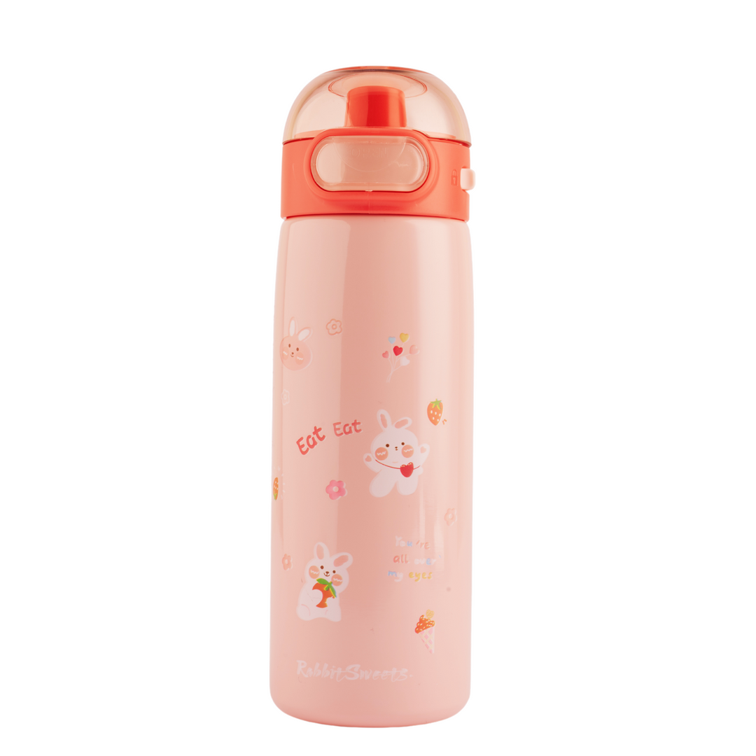 Refillable stainless steel insulated bottle with a leakproof lid featuring a cute animal print design. Perfect for travel. 410ml capacity. Pink bottle with bunny print