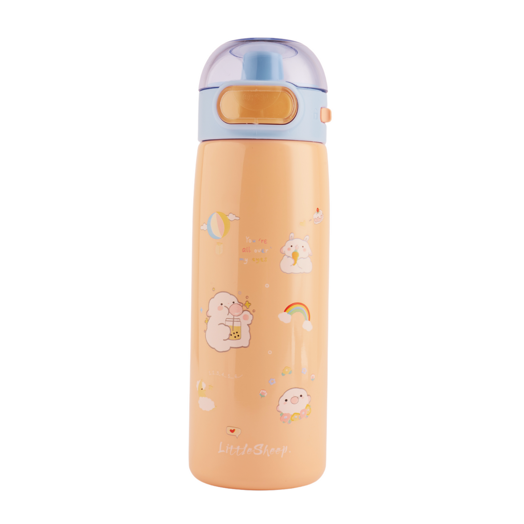 Refillable stainless steel insulated bottle with a leakproof lid featuring a cute animal print design. Perfect for travel. 410ml capacity. Orange bottle