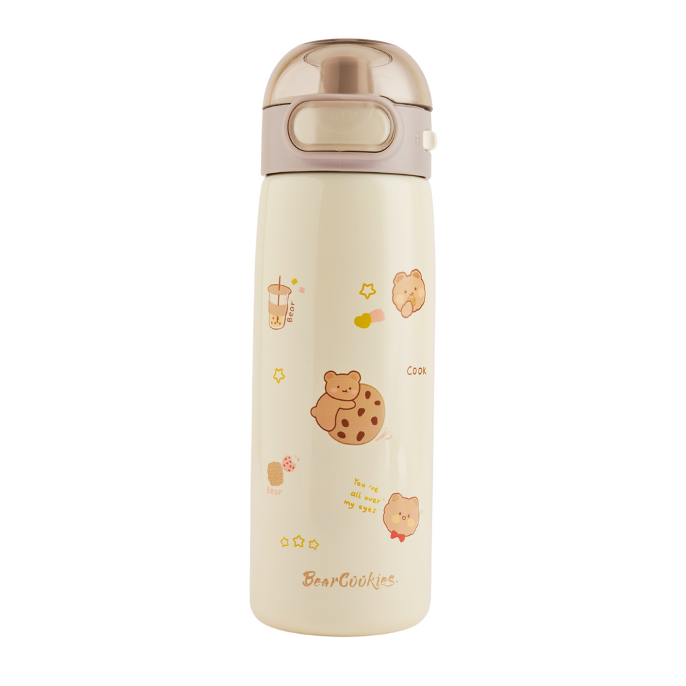 Refillable stainless steel insulated bottle with a leakproof lid featuring a cute animal print design. Perfect for travel. 410ml capacity. Cream colour bear and cookie print