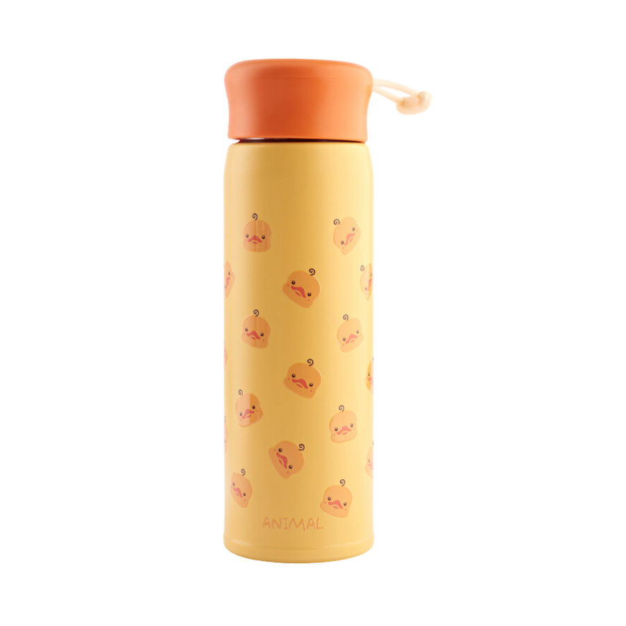 Refillable stainless steel insulated bottle with a cute duck print, leakproof lid. Perfect for travel.