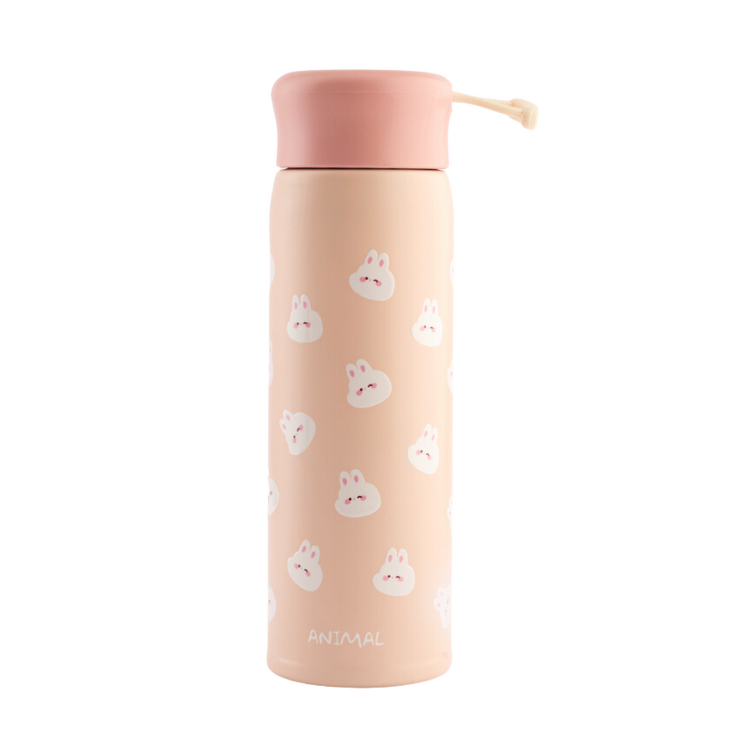 Refillable stainless steel insulated bottle with a cute rabbit print design, leakproof lid. Perfect for travel.