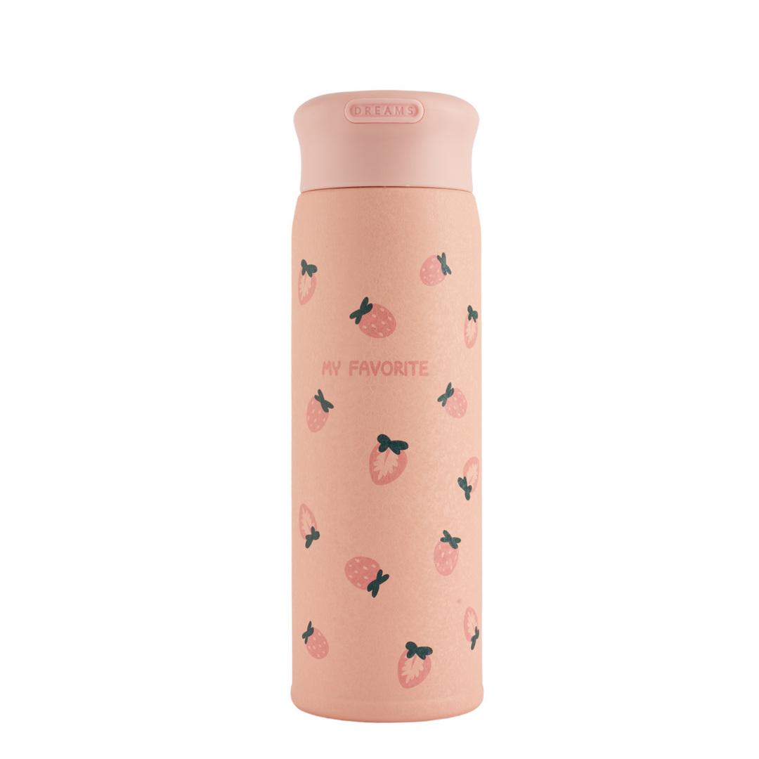Refillable stainless steel insulated bottle with a cute strawberry design, leakproof lid. Perfect for travel.