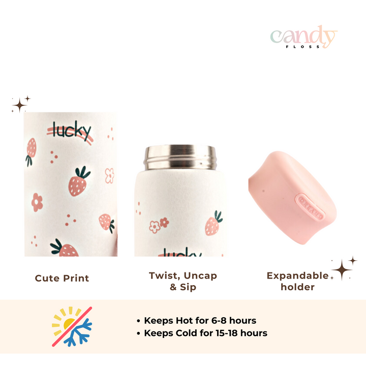Refillable stainless steel insulated bottle with a cute strawberry design, leakproof lid. Perfect for travel.