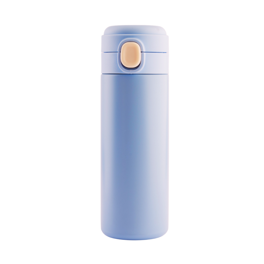 Refillable pastel blue stainless steel insulated flask with a push-button lid. Perfect for travel.