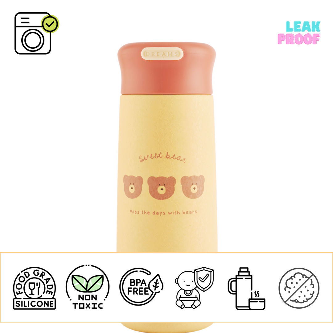 Stainless steel vacuum insulated flask with a cute bear illustration on the side.