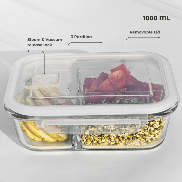 3 - Partition Airtight Borosilicate Glass Lunch Box – Fresh, Safe & Aesthetic! Food Storage