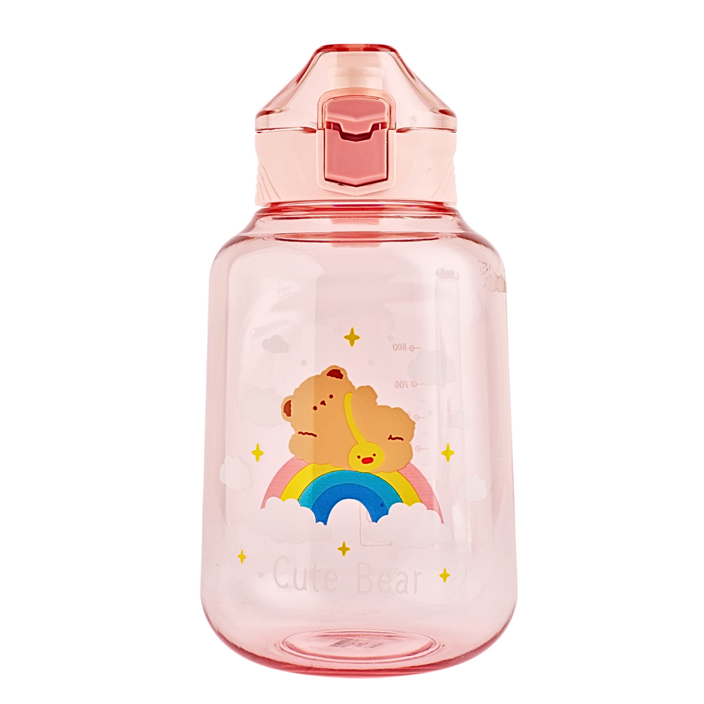 A pink plastic water bottle with a white lid and a cute bear character design.