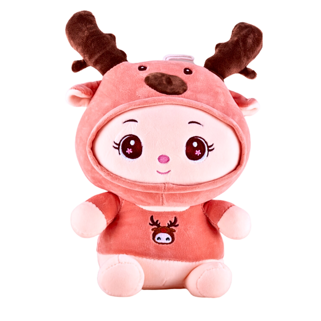 Plush doll wearing a reindeer costume with antlers. Made from 100% polyester fabric.
