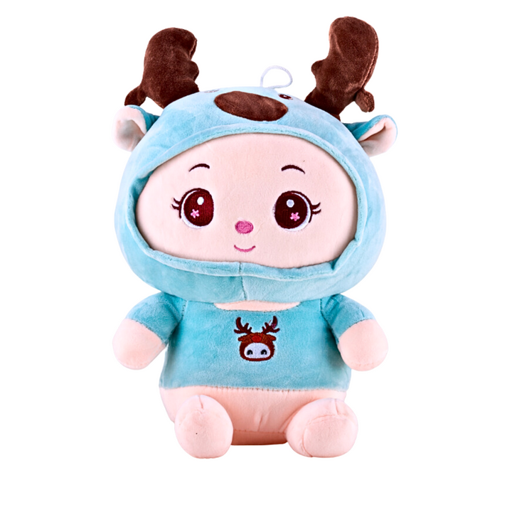 Plush doll wearing a reindeer costume with antlers. Made from 100% polyester fabric.