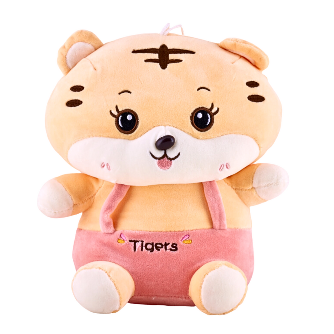 A orange and black striped plush tiger toy sitting on a white background. The tiger has a friendly smile and stitched eyes.
