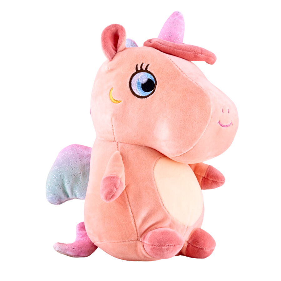  A peach plush toy unicorn with colorful wings, a mane and tail.