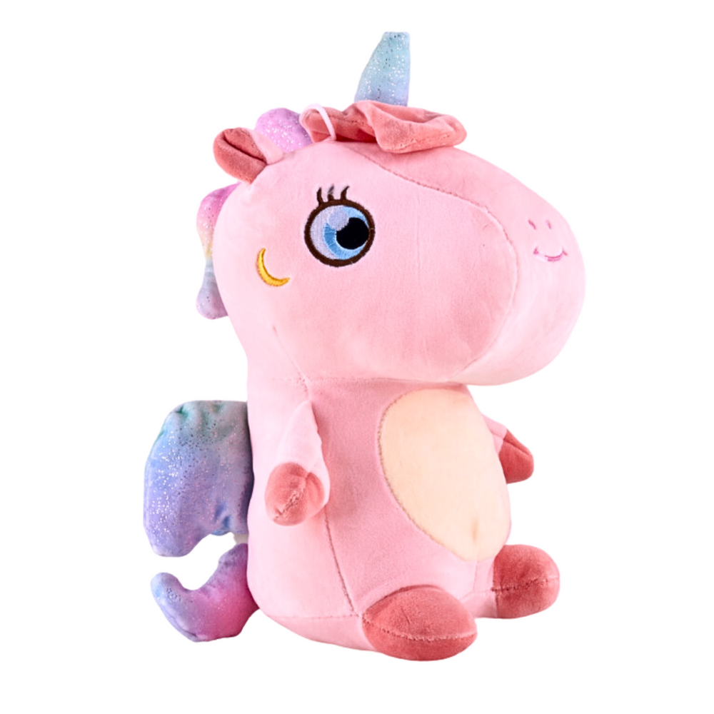  A pink plush toy unicorn with colorful wings, a mane and tail.