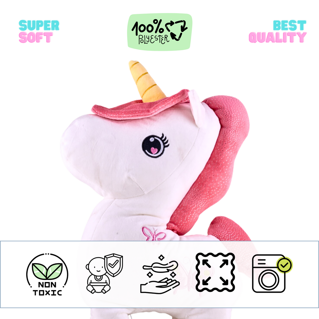 White plush toy unicorn with a pink mane and tail, and a gold horn. Made from 100% polyester fabric.