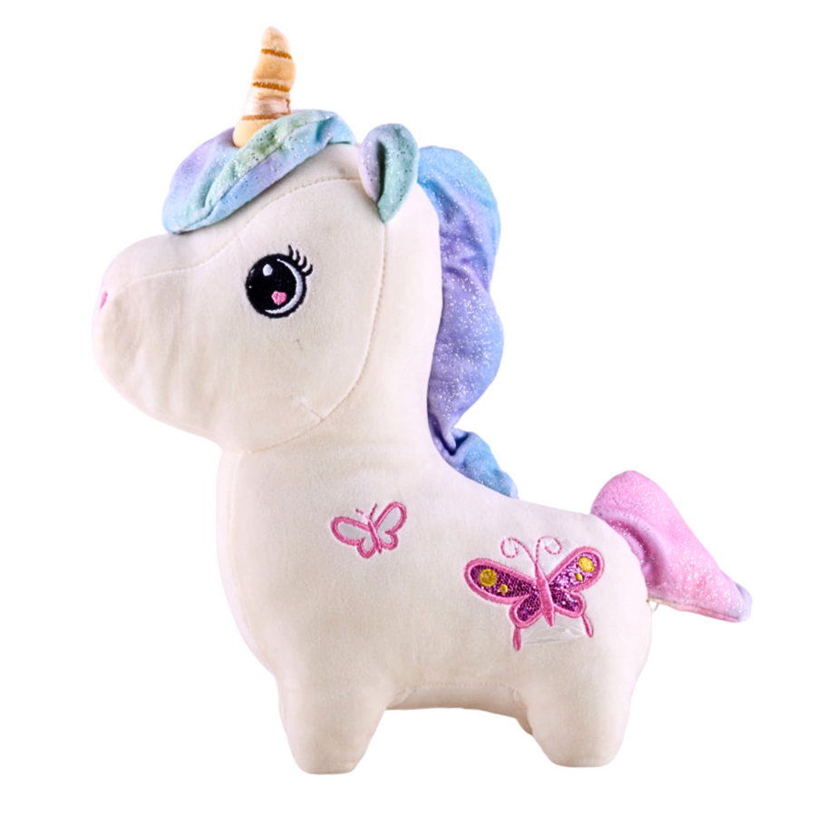 Soft and cuddly plush toy unicorn with a sparkly horn and a butterfly on its tail.  Made from 100% polyester fabric and safe for all ages. Perfect for bedtime cuddles or sparking magical adventures.