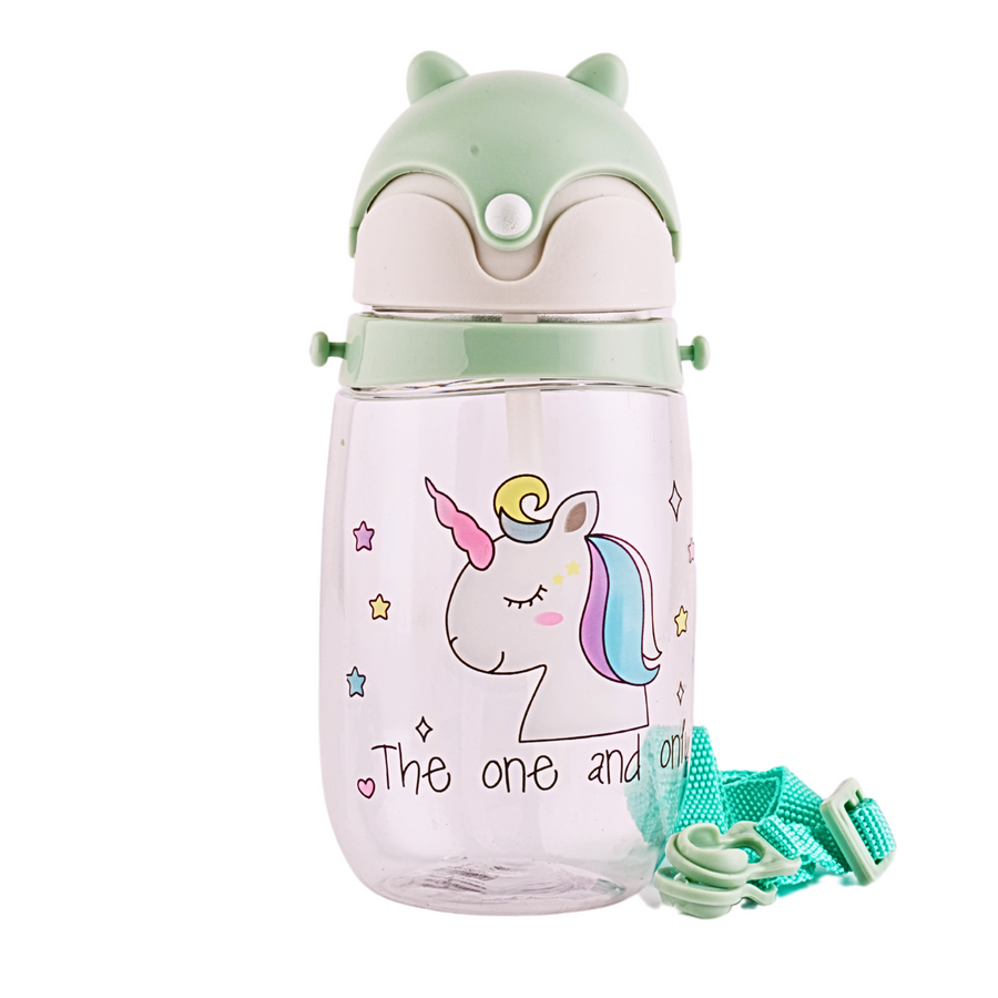 plastic sipper bottle with cute unicorn print.