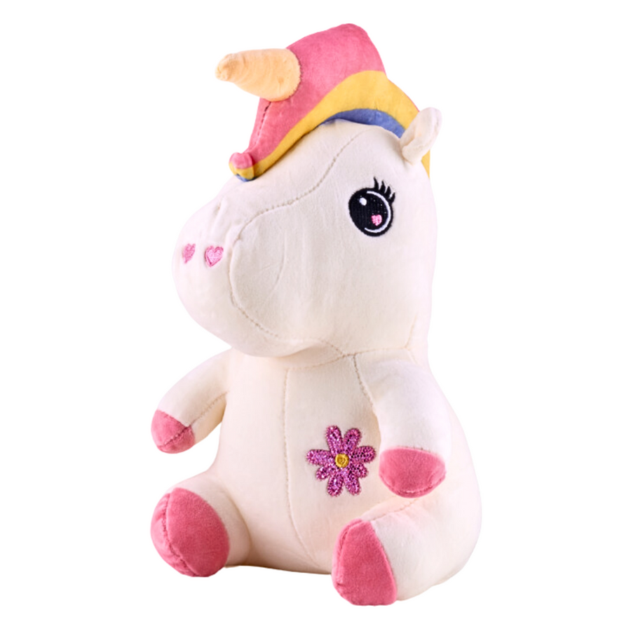 A white plush toy unicorn sitting on a white background. The unicorn has a pink mane and tail and a golden horn.