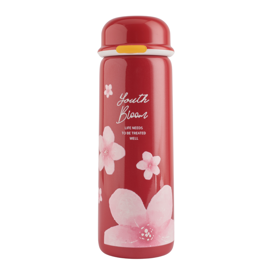 Refillable stainless steel insulated bottle with a leakproof lid in a beautiful floral design. Perfect for travel. 440ml capacity.